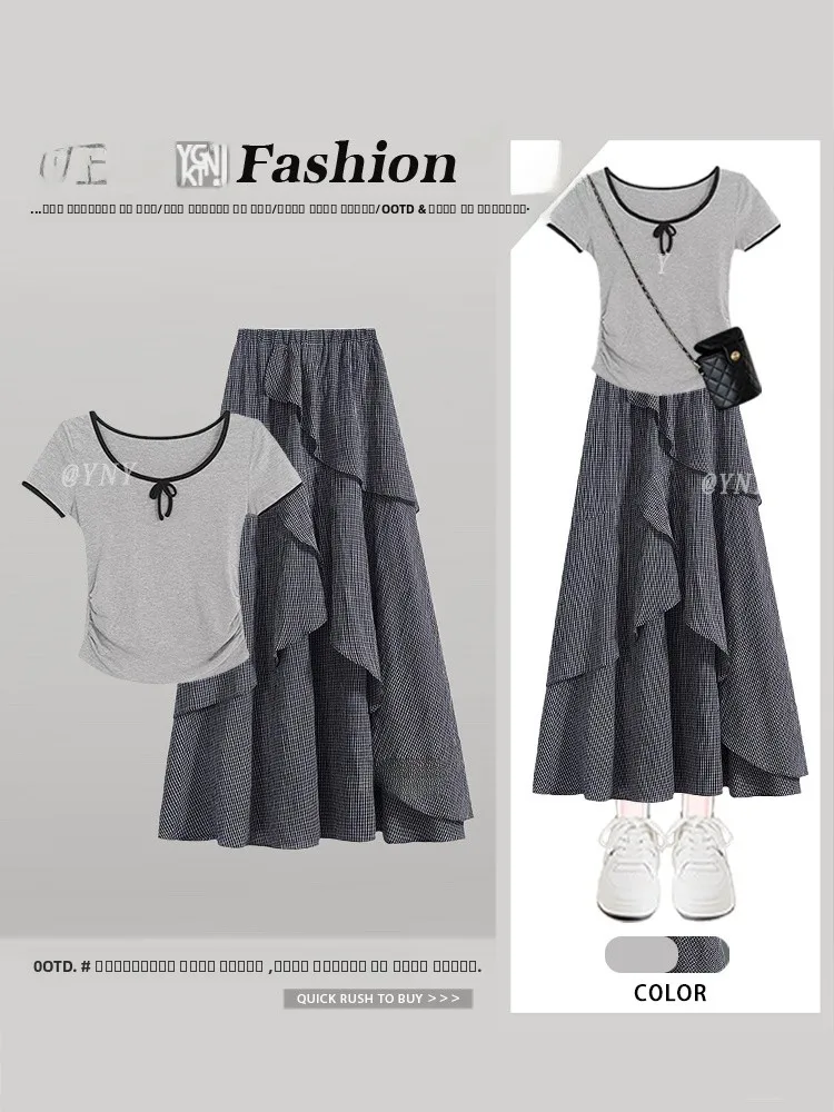 Fashionable Korean Style Knot Short Sleeve Top with A-Line Skirt Elastic Waist Half-length Polyester Fiber Skirt
Fashionable Korean Style Knot Short Sleeve Top with A-Line Skirt Elastic Waist Half-length Polyester Fiber Skirt