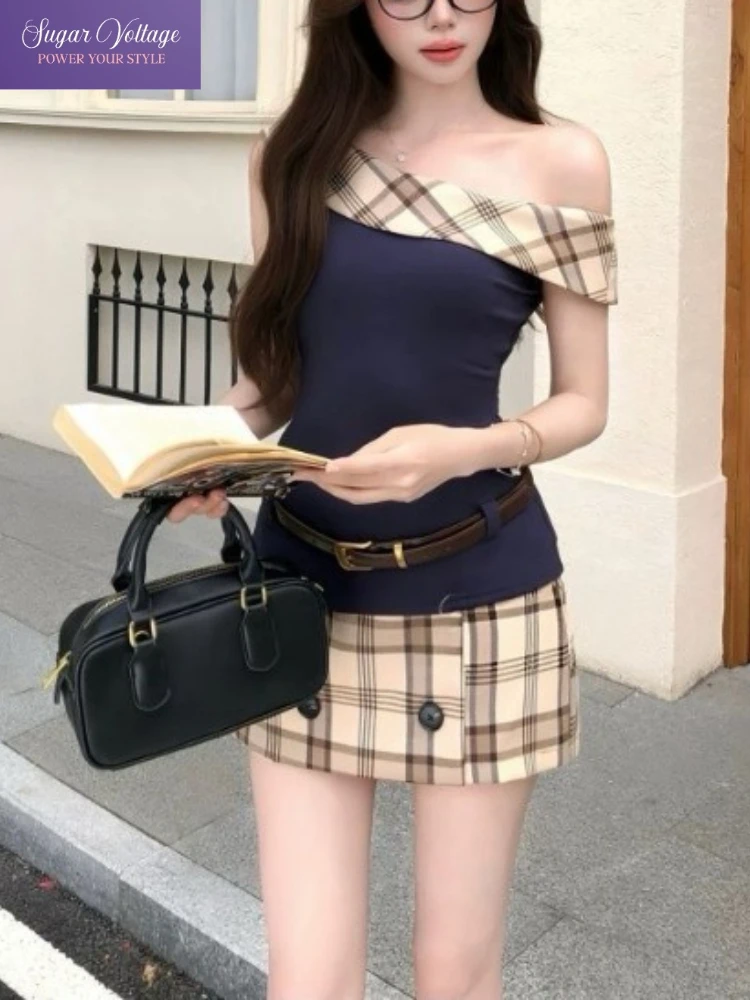 French Hot Girl 2 Piece Sets Women Summer Chic One Shoulder Spliced High Waist Plaid Button Skirt Suits Korean Daily Streetwear
French Hot Girl 2 Piece Sets Women Summer Chic One Shoulder Spliced High Waist Plaid Button Skirt Suits Korean Daily Streetwear