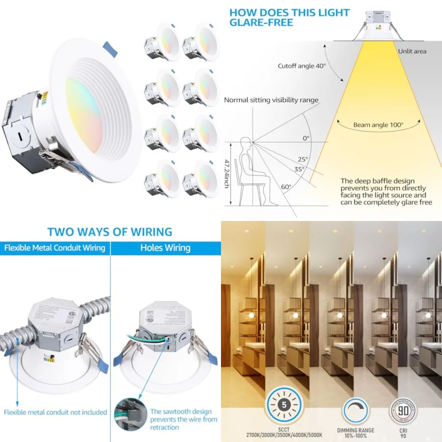 8-Pack 5CCT LED Integrated Canless LED Recessed Lighting with J-Box, Anti-Glare Deep Baffle, CRI90 Dimmable Ceilg Downlight, ET
8-Pack 5CCT LED Integrated Canless LED Recessed Lighting with J-Box, Anti-Glare Deep Baffle, CRI90 Dimmable Ceilg Downlight, ET