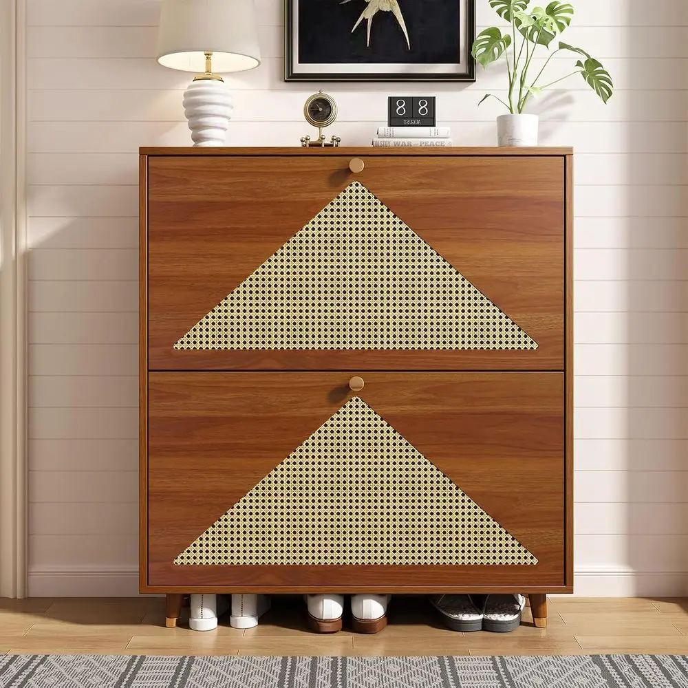 Narrow Rattan Shoe Storage Cabinet with Solid Wood Legs for Hallway in Walnut Finish
Narrow Rattan Shoe Storage Cabinet with Solid Wood Legs for Hallway in Walnut Finish