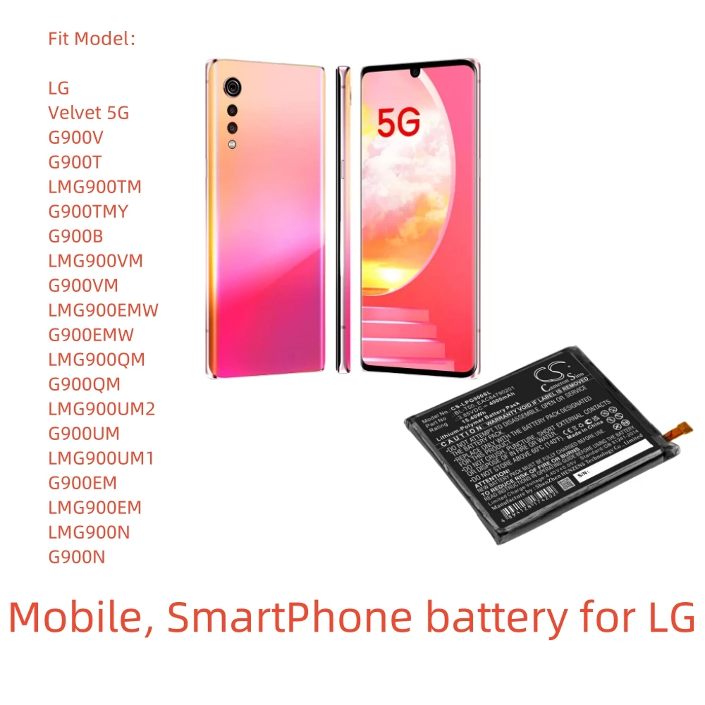 CS Li-Polymer Battery for LG Mobile SmartPhone.3.85V,4000mAh,Velvet 5G G900V G900T LMG900TM G900TMY G900B LMG900VM G900VM G900N
CS Li-Polymer Battery for LG Mobile SmartPhone.3.85V,4000mAh,Velvet 5G G900V G900T LMG900TM G900TMY G900B LMG900VM G900VM G900N
