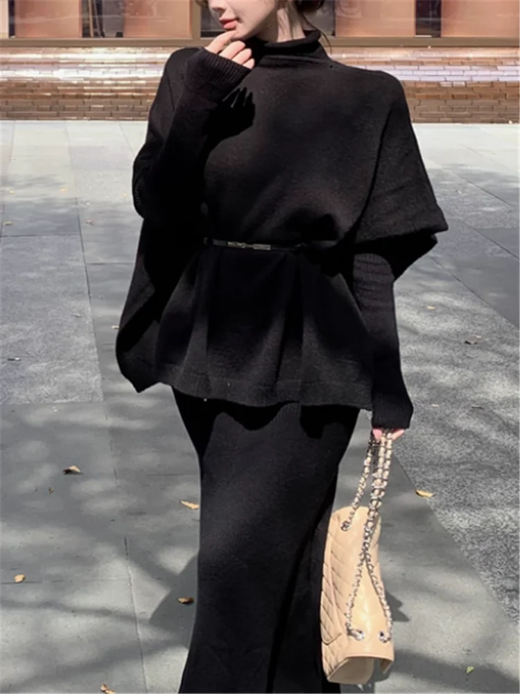 Все черные новые осенне-зимние костюмы из двух предметов, трикотажное платье с v-образным вырезом, тонкий низ, плащ с рукавами «летучая мышь», пончо, элегантные женские комплекты
Все черные новые осенне-зимние костюмы из двух предметов, трикотажное платье с v-образным вырезом, тонкий низ, плащ с рукавами «летучая мышь», пончо, элегантные женские комплекты