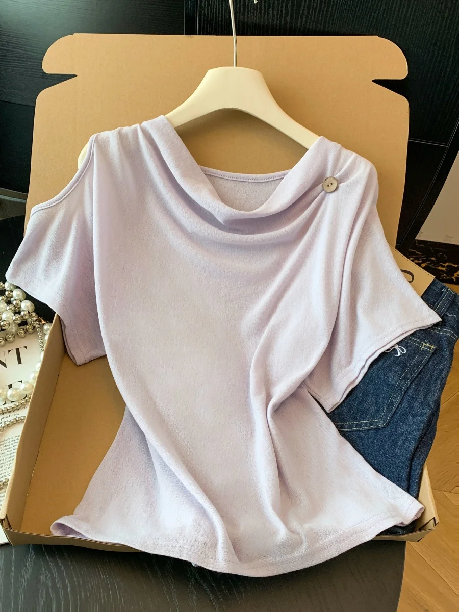 Unique Purple Asymmetric Slim Fit Women's T-Shirt Summer New Style Beautiful Shoulder-baring Thin Neckline Top Commute Style
Unique Purple Asymmetric Slim Fit Women's T-Shirt Summer New Style Beautiful Shoulder-baring Thin Neckline Top Commute Style