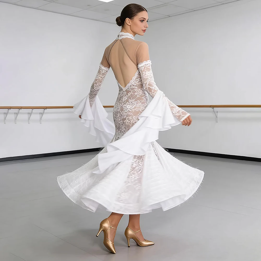 Elegant Women White Lace Ballroom Dance Dress High Neck Mermaid Waltz ModernTango Competition Costumes with Ruffle Sleeve
Elegant Women White Lace Ballroom Dance Dress High Neck Mermaid Waltz ModernTango Competition Costumes with Ruffle Sleeve