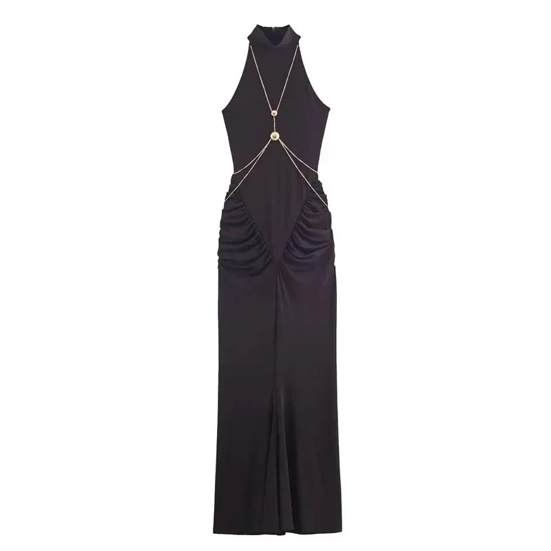 Women's Black High Neck Chain Detail Maxi Dress - Sleeveless Ruched
Women's Black High Neck Chain Detail Maxi Dress - Sleeveless Ruched