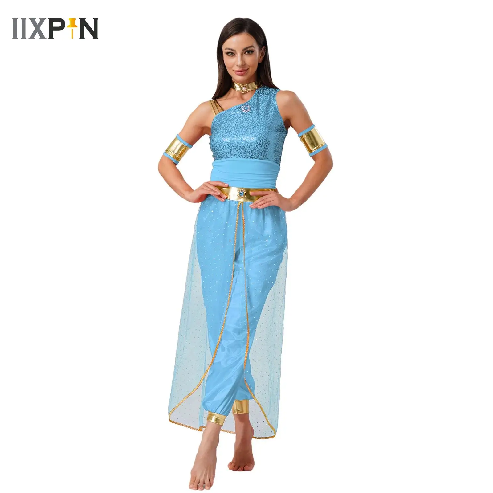 Womens Halloween Arab Arabian Princess Cosplay Costume Shiny Sequins Jumpsuit with Sleeves for Belly Dance Stage Performance
Womens Halloween Arab Arabian Princess Cosplay Costume Shiny Sequins Jumpsuit with Sleeves for Belly Dance Stage Performance