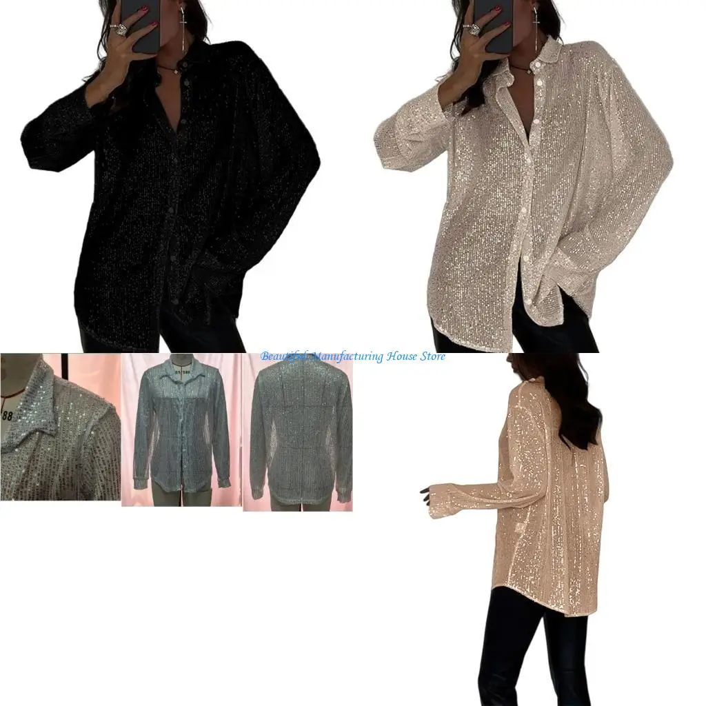 E56A Loose Fit Women's Glitter Long Sleeve Shirt Lapel Collar Button Down Sparkly Sequins Party Club Blouse Outerwear Top
E56A Loose Fit Women's Glitter Long Sleeve Shirt Lapel Collar Button Down Sparkly Sequins Party Club Blouse Outerwear Top