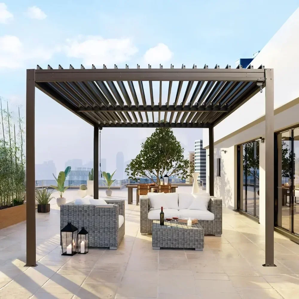 Outdoor Louvered Pergola with Adjustable Steel Roof, Outdoor Aluminum Frame Rainproof Pergola for Backyard, Garden and Lawn
Outdoor Louvered Pergola with Adjustable Steel Roof, Outdoor Aluminum Frame Rainproof Pergola for Backyard, Garden and Lawn