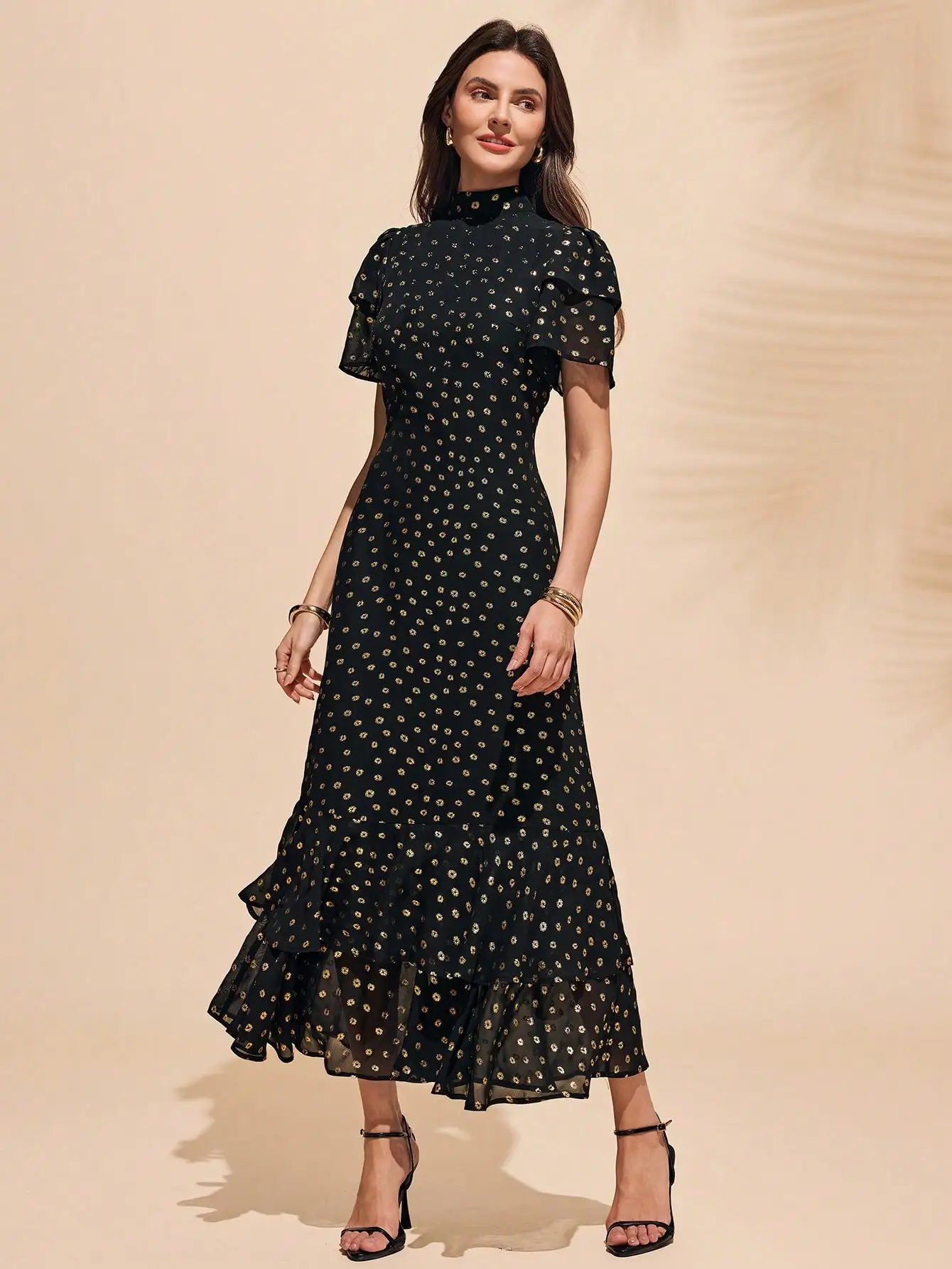 Elegant Black Gold Foil Floral Dress with Ruffle Sleeves and High Neck, Summer Midi
Elegant Black Gold Foil Floral Dress with Ruffle Sleeves and High Neck, Summer Midi