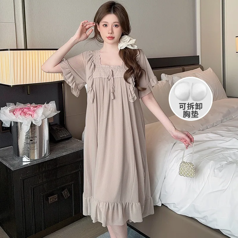 Women Summer Mesh Court Princess Style NIghtgown with Cheat Pad Korean Solid Ruffle Pajamas Dress Loungewear Can Wear Outside
Women Summer Mesh Court Princess Style NIghtgown with Cheat Pad Korean Solid Ruffle Pajamas Dress Loungewear Can Wear Outside