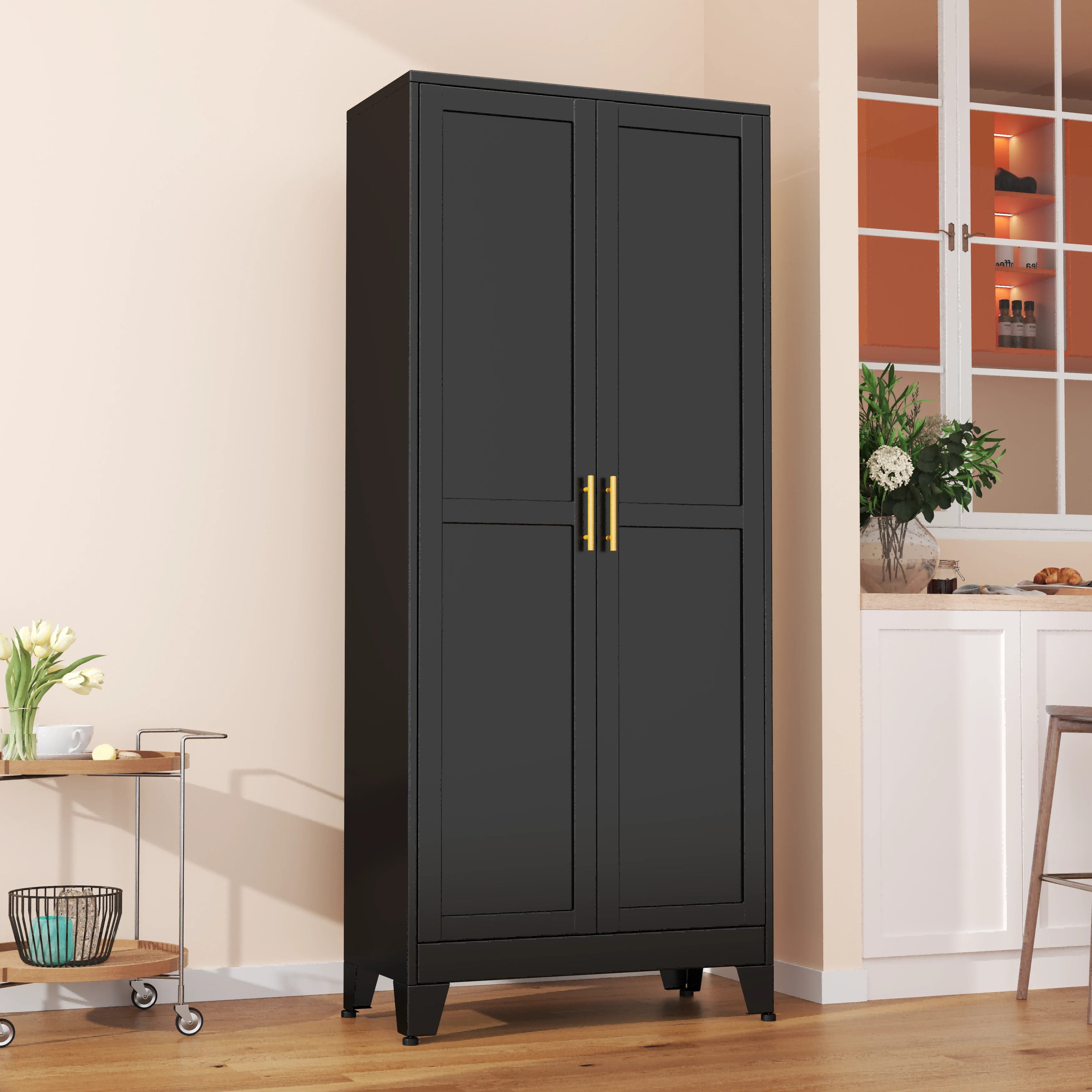75.2-inch high metal cabinet, kitchen cabinet with 2 doors and 5 adjustable shelves. Can be used for dining rooms, living rooms,
75.2-inch high metal cabinet, kitchen cabinet with 2 doors and 5 adjustable shelves. Can be used for dining rooms, living rooms,