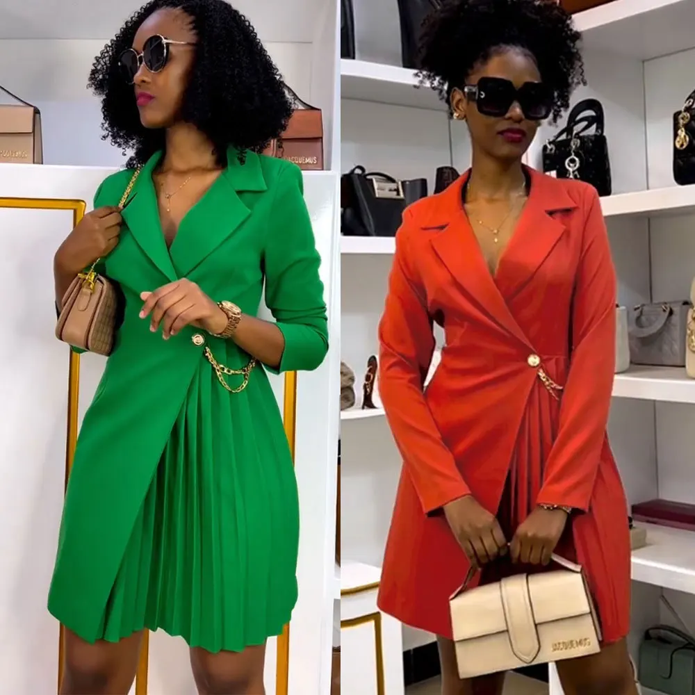 Women Suit Dress Mid Length Dresses Turn Down Collar Full Sleeve Pleated Slim Fit Sexy Solid Tight High Waist Vestidos Splice
Women Suit Dress Mid Length Dresses Turn Down Collar Full Sleeve Pleated Slim Fit Sexy Solid Tight High Waist Vestidos Splice