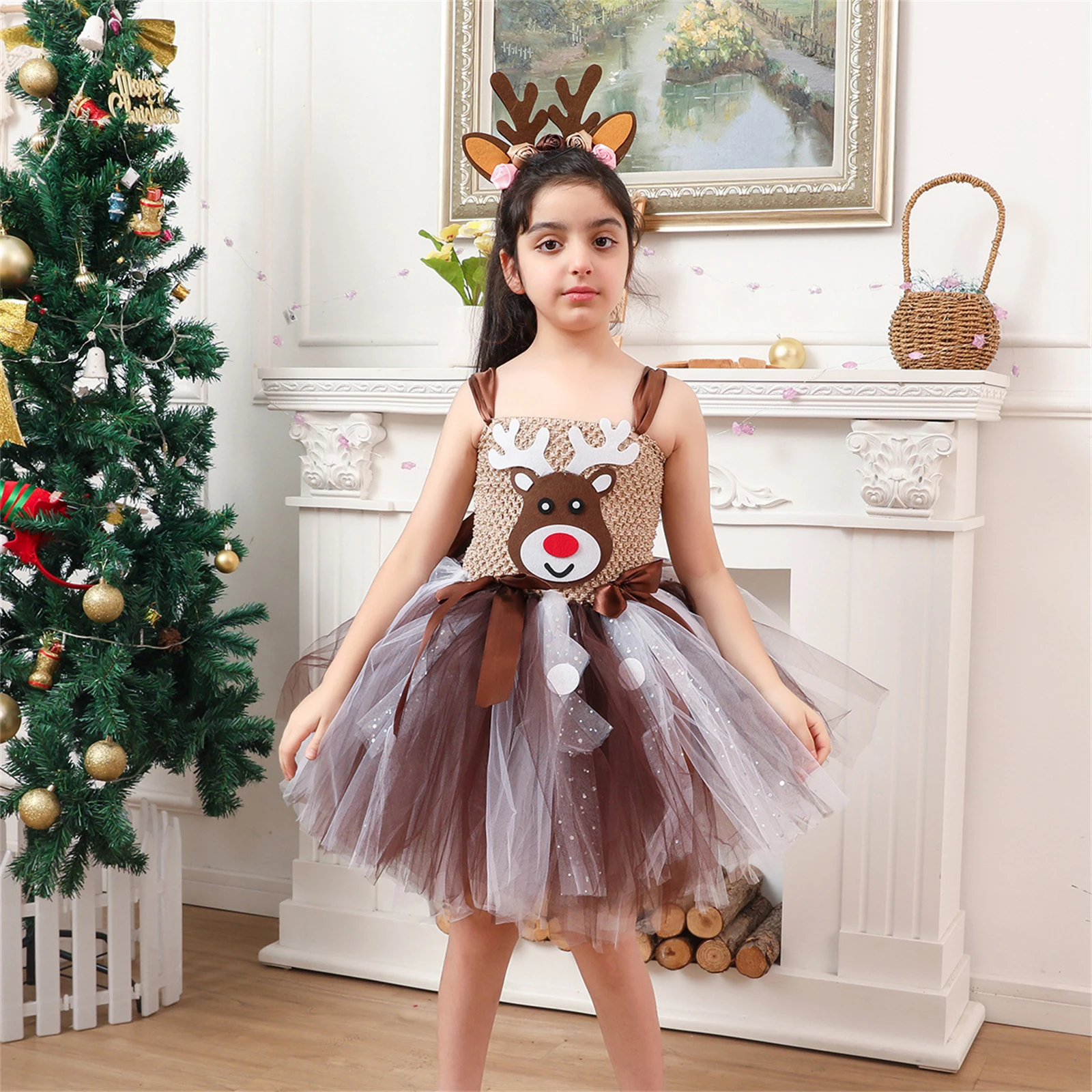 Kids Girls Christmas Reindeer Dress with Antler Headband Set Santa Claus Gauze Skirt Princess Sequined Fluffy Skirt
Kids Girls Christmas Reindeer Dress with Antler Headband Set Santa Claus Gauze Skirt Princess Sequined Fluffy Skirt