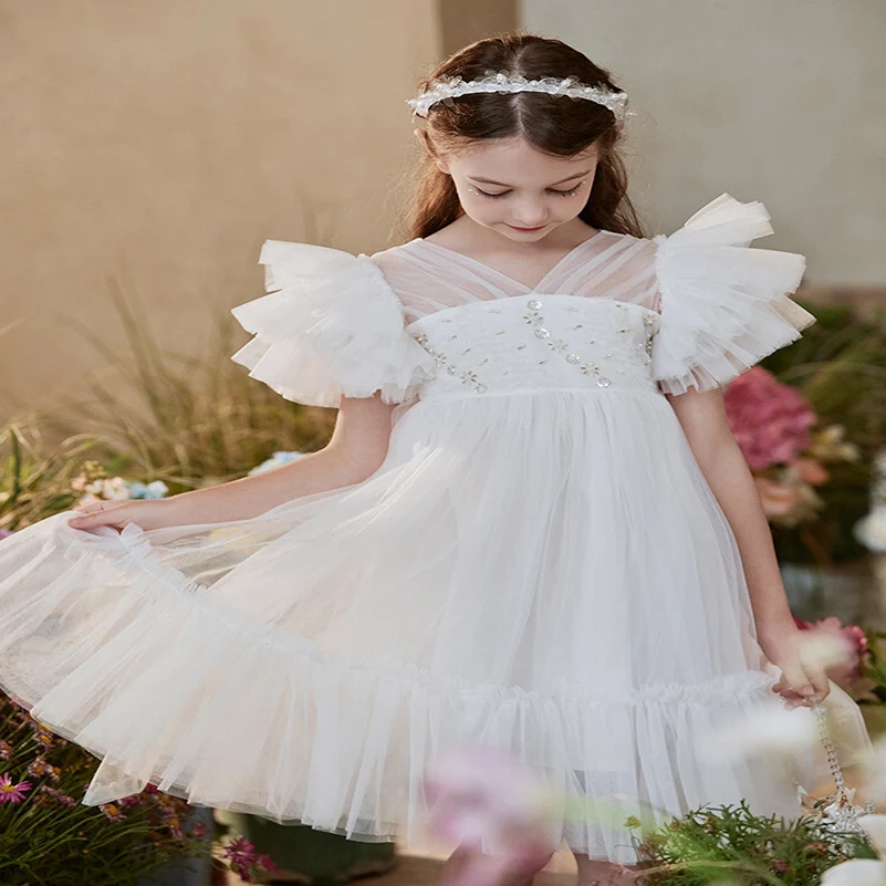 Summer Girls' Dress Children's Solid Round Neck Mesh Pearl Petal Sleeves Princess Dress Children's Clothing 4-8 Years Old
Summer Girls' Dress Children's Solid Round Neck Mesh Pearl Petal Sleeves Princess Dress Children's Clothing 4-8 Years Old