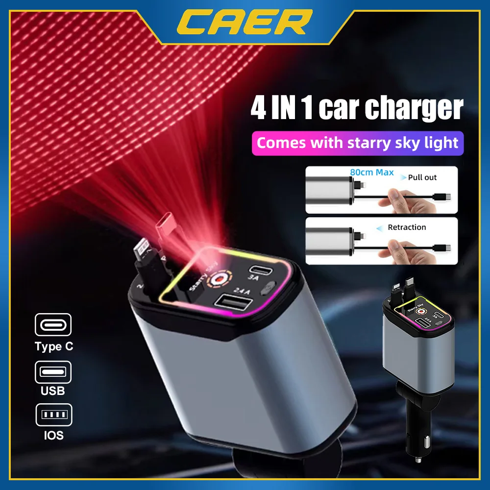 120W Car Charger Retractable Cigarette Lighter Adapter with USB Type C iPhone & Android Fast Charging Cable Starry Roof Light
120W Car Charger Retractable Cigarette Lighter Adapter with USB Type C iPhone & Android Fast Charging Cable Starry Roof Light