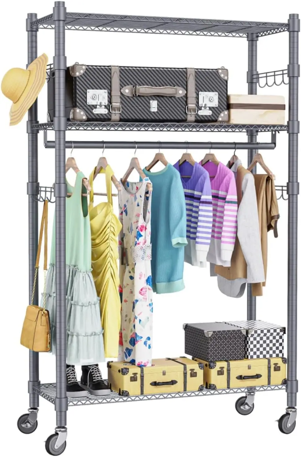 3-Tier Garment Rack, Heavy Duty Clothing Wire Shelving, Rolling Free Standing Closet with Lockable Wheels, 1 Hanging Rod
3-Tier Garment Rack, Heavy Duty Clothing Wire Shelving, Rolling Free Standing Closet with Lockable Wheels, 1 Hanging Rod