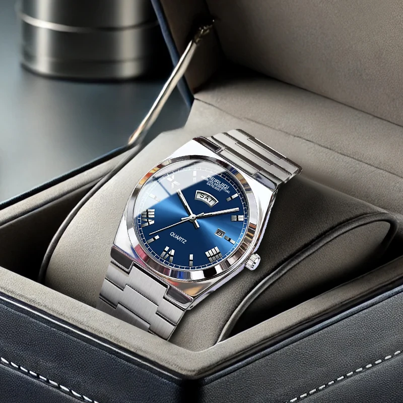 Мужские серебристо-синие модные кварцевые часы с указателем даты и указателем времени.
Мужские серебристо-синие модные кварцевые часы с указателем даты и указателем времени.