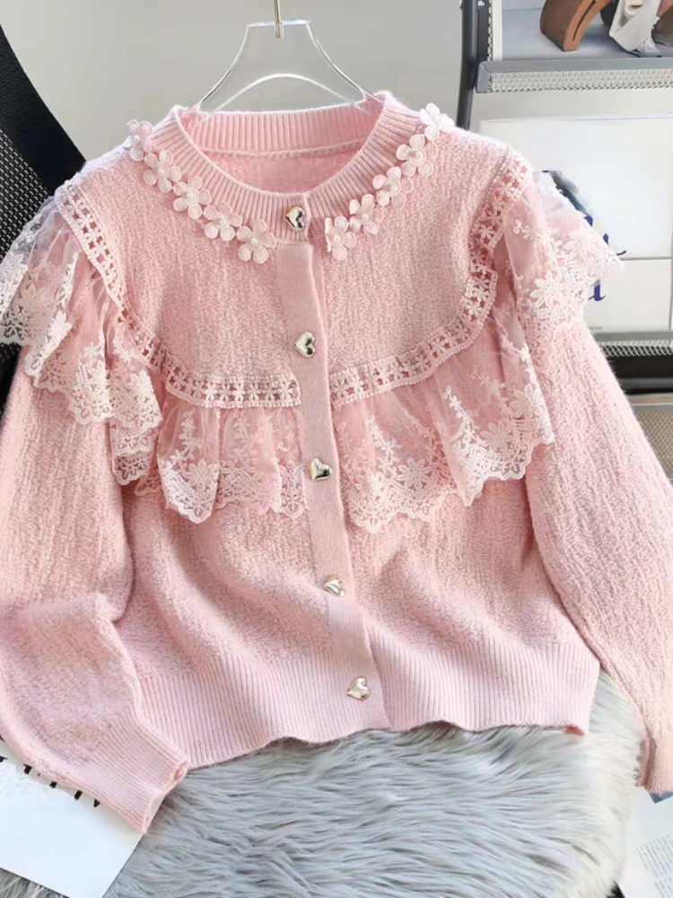 Fashion Sweet Cardigan Lace Flower Patchwork Solid Color Heart Button Long Sleeve Sweaters Autumn Winter Design Women's Clothing
Fashion Sweet Cardigan Lace Flower Patchwork Solid Color Heart Button Long Sleeve Sweaters Autumn Winter Design Women's Clothing