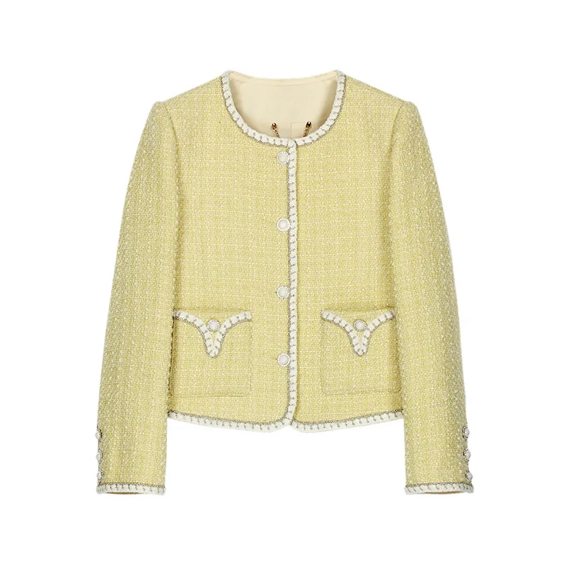 French Yellow High Quality Round Neck Chic Tweed Coat Women Fashion Simple and Versatile Sweet Small Fragrance Lady Short Coat
French Yellow High Quality Round Neck Chic Tweed Coat Women Fashion Simple and Versatile Sweet Small Fragrance Lady Short Coat