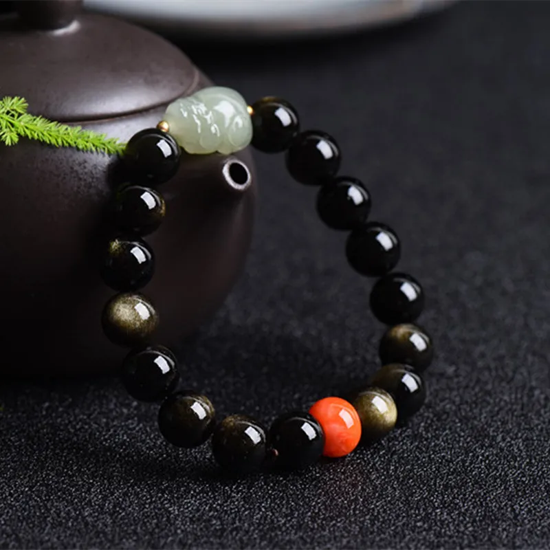 Natural Obsidian Bracelet, Gold Silver, Stone, with Hetian Jade, Water, South Red, Spacer Beads Men's and Women's Crys
Natural Obsidian Bracelet, Gold Silver, Stone, with Hetian Jade, Water, South Red, Spacer Beads Men's and Women's Crys