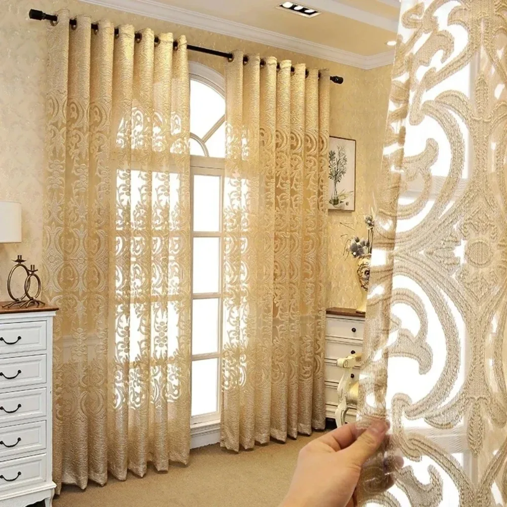 Luxurious golden embroidery chiffon curtains, semi-transparent jacquard chiffon drapes, suitable for use at doors and windows
Luxurious golden embroidery chiffon curtains, semi-transparent jacquard chiffon drapes, suitable for use at doors and windows