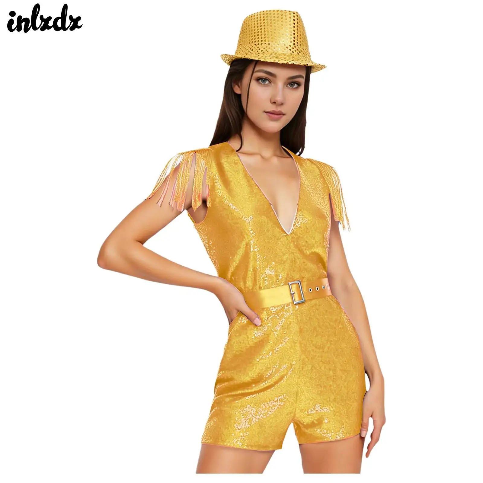 Womens Shiny Sequin Fringed Rompers Jumpsuit for Jazz Dancing Hip Hop Costume Clubwear Tassels Romper Jumpsuit with Belt A Hat
Womens Shiny Sequin Fringed Rompers Jumpsuit for Jazz Dancing Hip Hop Costume Clubwear Tassels Romper Jumpsuit with Belt A Hat