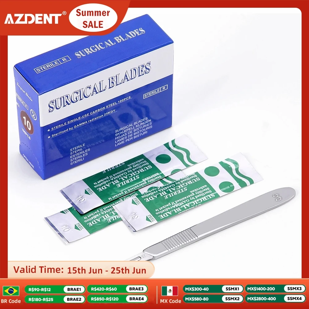 100pcs/Box AZDENT Dental Surgical Scalpel Sterilized Blades Carbon Steel 10# 11# 15# with 1PC 3# Scalpel Handle Instruments
100pcs/Box AZDENT Dental Surgical Scalpel Sterilized Blades Carbon Steel 10# 11# 15# with 1PC 3# Scalpel Handle Instruments