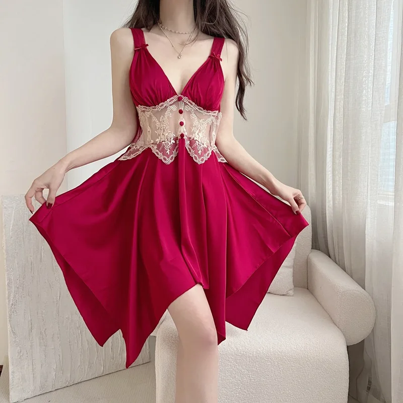 Sexy Home Nightgown V-Neck Hollow Lace Patchwork Women's Suspender Nightgown Elegant Silk Sexy High Waist Irregular Hem Dress
Sexy Home Nightgown V-Neck Hollow Lace Patchwork Women's Suspender Nightgown Elegant Silk Sexy High Waist Irregular Hem Dress