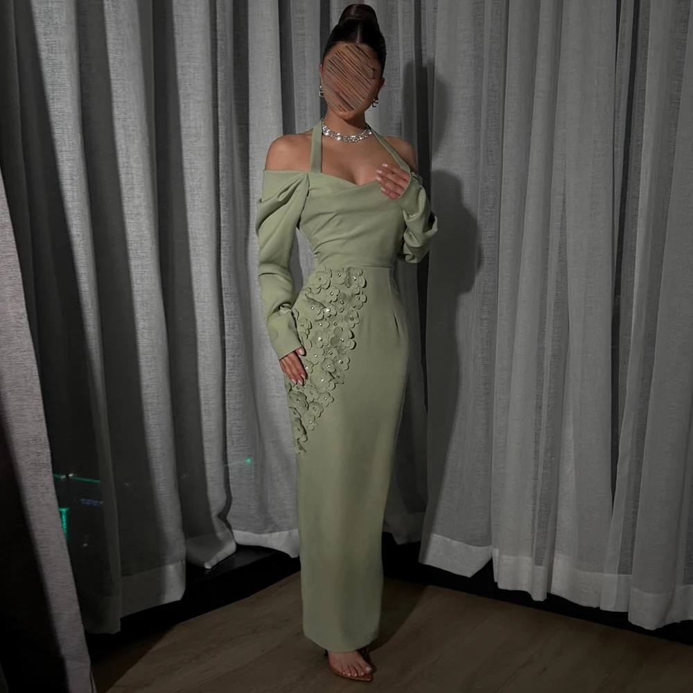 Vanessa Olive Green Halter Off-the-Shoulder 3D Floral Evening Gown Lace-Up Back Long Sleeves Straight Party Dress Customized
Vanessa Olive Green Halter Off-the-Shoulder 3D Floral Evening Gown Lace-Up Back Long Sleeves Straight Party Dress Customized