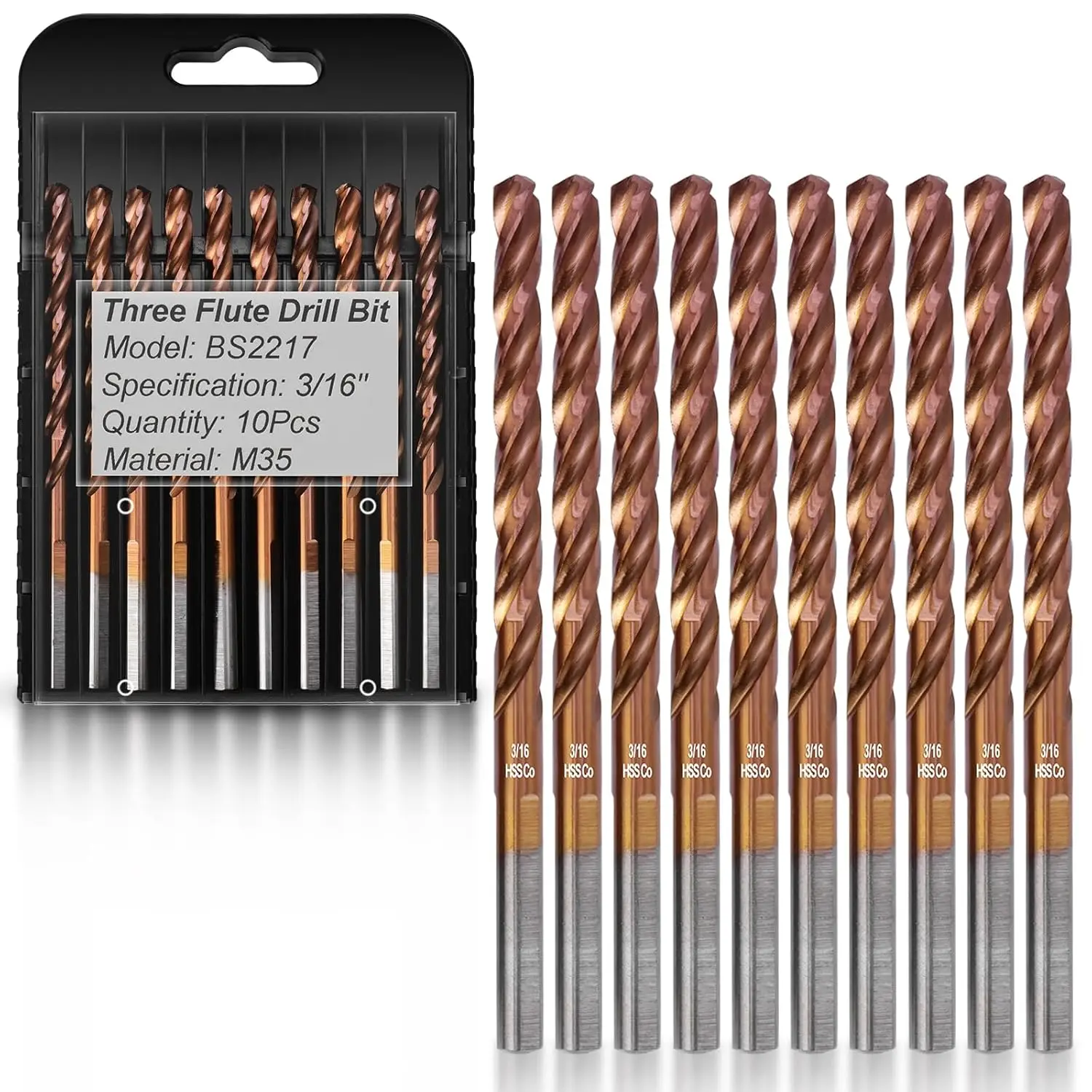 3/16" 3-Flute Cobalt Drill Bits, M35 for Hardened Steel & Stainless Steel, 10-Piece
3/16" 3-Flute Cobalt Drill Bits, M35 for Hardened Steel & Stainless Steel, 10-Piece
