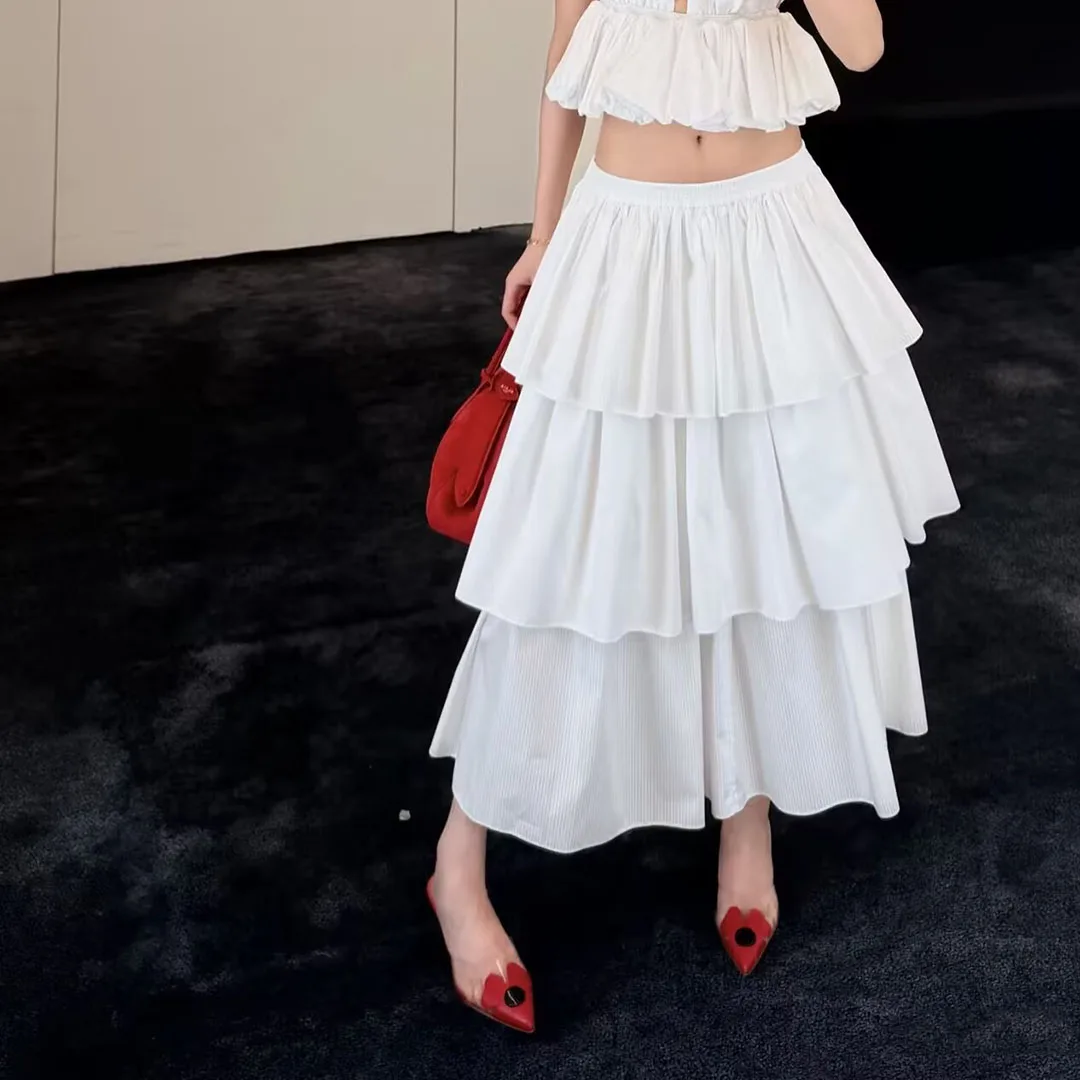 Sweet White Stripes Ruffles Cotton Long Skirts Women New Fashion Summer Elastic High Waist Sweet Elegant Ball Gown Loose Skirt
Sweet White Stripes Ruffles Cotton Long Skirts Women New Fashion Summer Elastic High Waist Sweet Elegant Ball Gown Loose Skirt