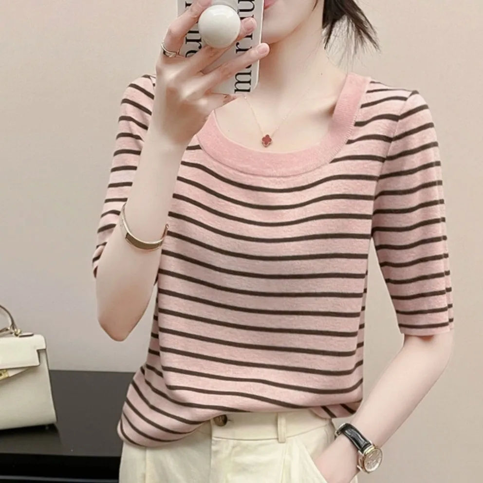 Slimming Ice Silk Mid-Sve Striped Top for Women Summer Thin Young-looking Knitted Straight-cut Low round Ne Single Piece
Slimming Ice Silk Mid-Sve Striped Top for Women Summer Thin Young-looking Knitted Straight-cut Low round Ne Single Piece
