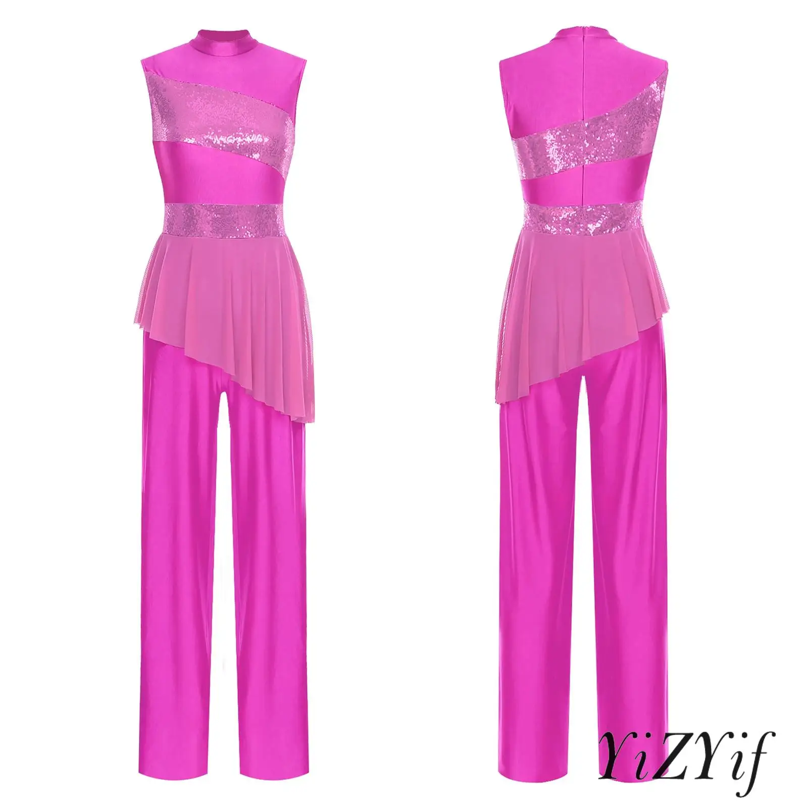 Women's Sequin Lyric Dance Jumpsuit Dress with Mock Neck Asymmetric Mesh Waist trumpet style legs for Dancing Performances
Women's Sequin Lyric Dance Jumpsuit Dress with Mock Neck Asymmetric Mesh Waist trumpet style legs for Dancing Performances