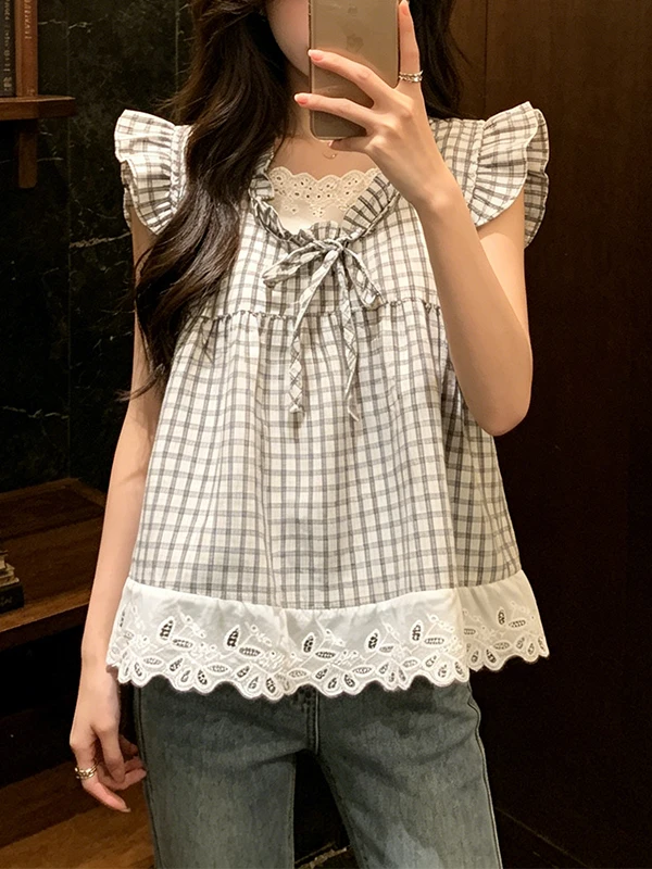 plus Size Plaid Short Sleeve Shirt Women's Summer New Style Doll Shirt Lace Hem Flying Sleeve Korean Style Commute Shirt
plus Size Plaid Short Sleeve Shirt Women's Summer New Style Doll Shirt Lace Hem Flying Sleeve Korean Style Commute Shirt