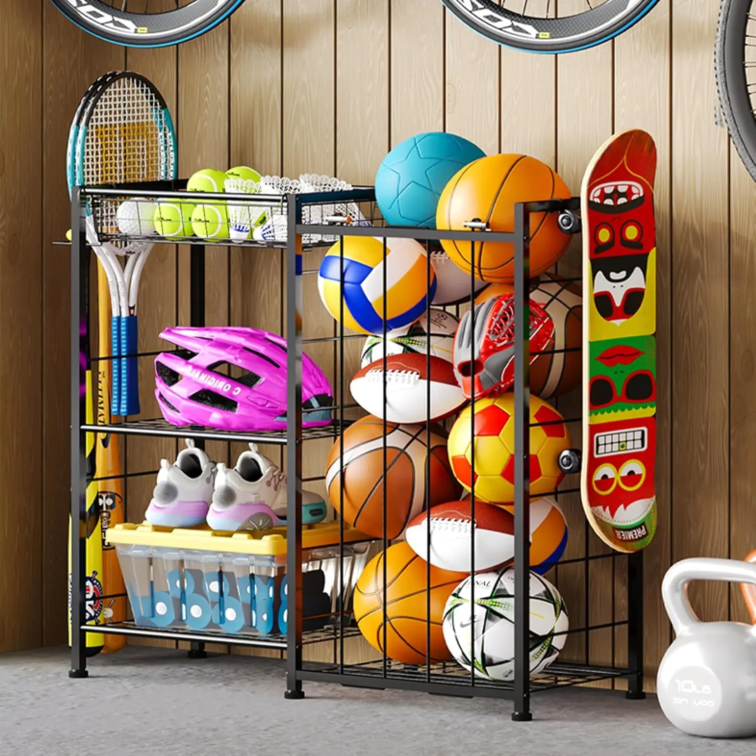 Sports Equipment Organizer with Elastic Straps, Removable Basket & Hooks for Garage and Toy Storage, Black
Sports Equipment Organizer with Elastic Straps, Removable Basket & Hooks for Garage and Toy Storage, Black