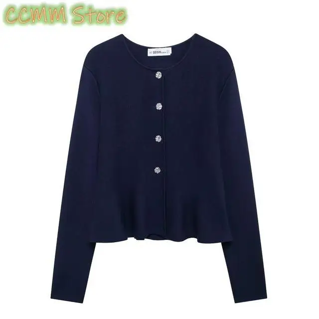 Women Navy Blue Knit Jacket Round Neck Long Sleeves Flared Hem Silver-tone Button Female Coat Outerwear
Women Navy Blue Knit Jacket Round Neck Long Sleeves Flared Hem Silver-tone Button Female Coat Outerwear