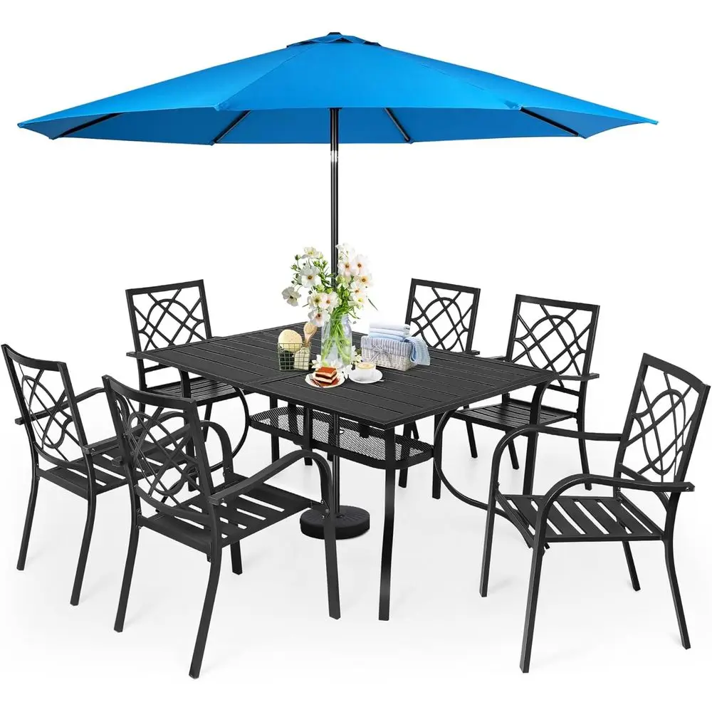 Outdoor 8-Piece Wrought Iron Patio Dining Set: 6 Stackable Chairs, Steel Slat Table, Sky Blue Umbrella
Outdoor 8-Piece Wrought Iron Patio Dining Set: 6 Stackable Chairs, Steel Slat Table, Sky Blue Umbrella