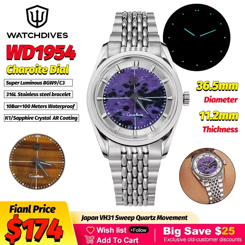 Кварцевые часы Watchdives Wd1954, 36 мм, с циферблатом из тигрового глаза и чароита, механизм Vh31, сапфировое стекло, водонепроницаемость 100 м, светящиеся стрелки BGW9/C3, корпус из нержавеющей стали
Кварцевые часы Watchdives Wd1954, 36 мм, с циферблатом из тигрового глаза и чароита, механизм Vh31, сапфировое стекло, водонепроницаемость 100 м, светящиеся стрелки BGW9/C3, корпус из нержавеющей стали