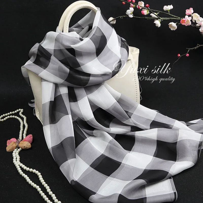 High Quality Black White Gray Plaid Scarf 100% Silk Long Shawl for Women Spring Autumn Winter Summer Thin
High Quality Black White Gray Plaid Scarf 100% Silk Long Shawl for Women Spring Autumn Winter Summer Thin