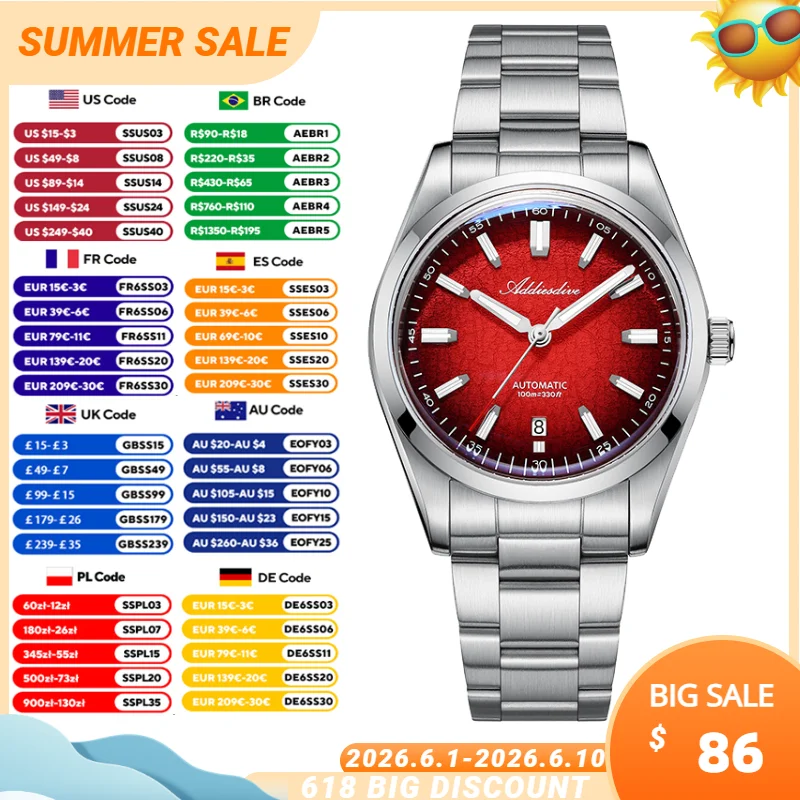 ADDIESDIVE Men's Automatic Mechanical Watch Waterproof 100m Domed Bubble Glass Watches 39mm Super Luminous 316L Steel Wristwatch
ADDIESDIVE Men's Automatic Mechanical Watch Waterproof 100m Domed Bubble Glass Watches 39mm Super Luminous 316L Steel Wristwatch