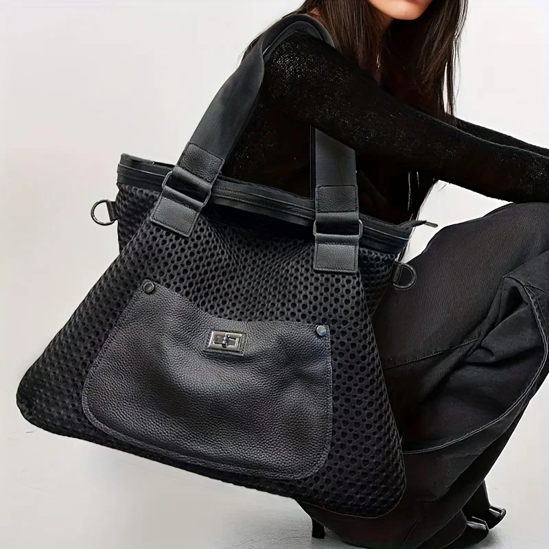 Ladies' fashionable and casual large capacity mesh spliced shoulder bag, rivet shoulder strap retro street style city bag
Ladies' fashionable and casual large capacity mesh spliced shoulder bag, rivet shoulder strap retro street style city bag
