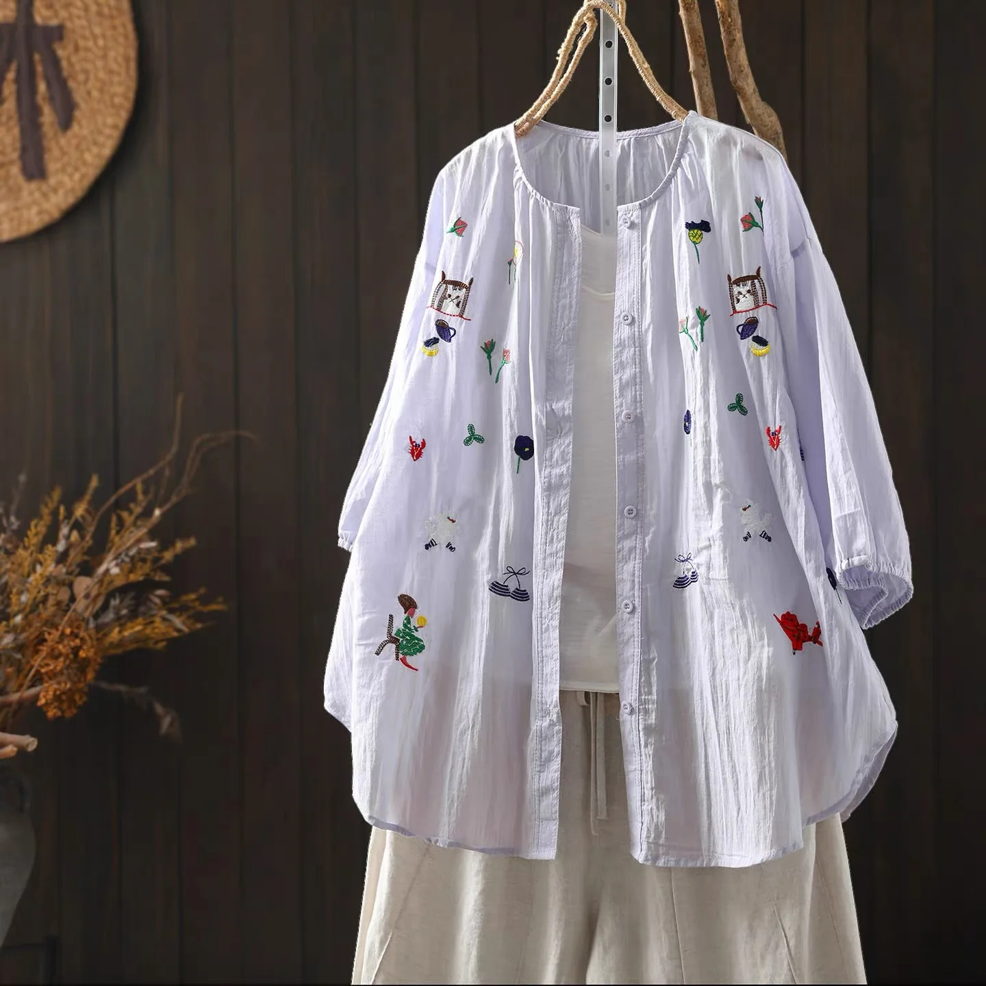 2026 Women's Cartoon Animal Floral Embroidered Cotton Shirt 3/4 Sleeve Button Down Open Front Casual Summer Blouse Cardigan
2026 Women's Cartoon Animal Floral Embroidered Cotton Shirt 3/4 Sleeve Button Down Open Front Casual Summer Blouse Cardigan