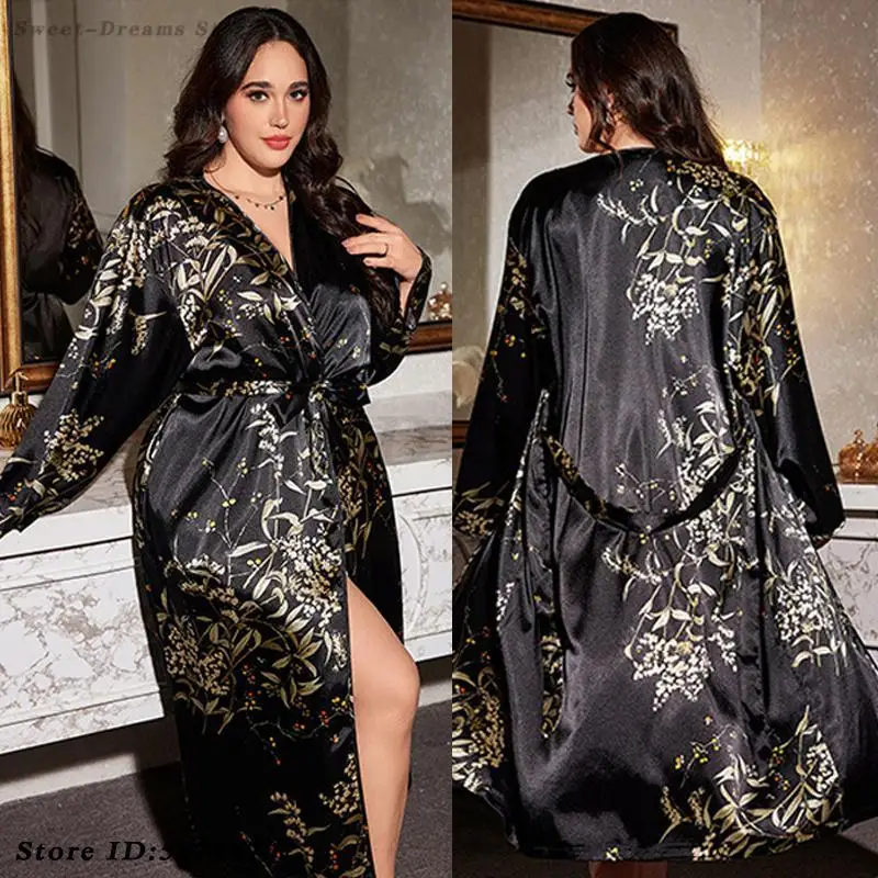 Plus Size 5XL Long Robe Nightdress Black Print Flower Nightgown Spring Summer Silk Satin Sleepwear Female Kimono Bathrobe Gown
Plus Size 5XL Long Robe Nightdress Black Print Flower Nightgown Spring Summer Silk Satin Sleepwear Female Kimono Bathrobe Gown
