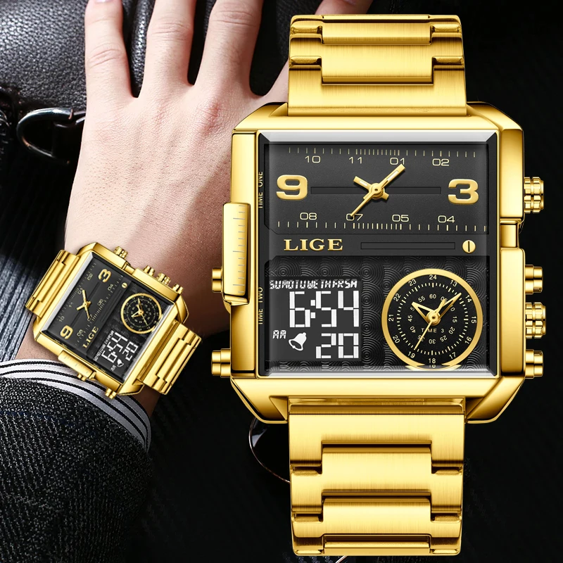 LIGE Top Brand Luxury Fashion Men Watches Gold Steel Sport Square Digital Analog Big Quartz Watch for Man Relogio Masculino+BOX
LIGE Top Brand Luxury Fashion Men Watches Gold Steel Sport Square Digital Analog Big Quartz Watch for Man Relogio Masculino+BOX