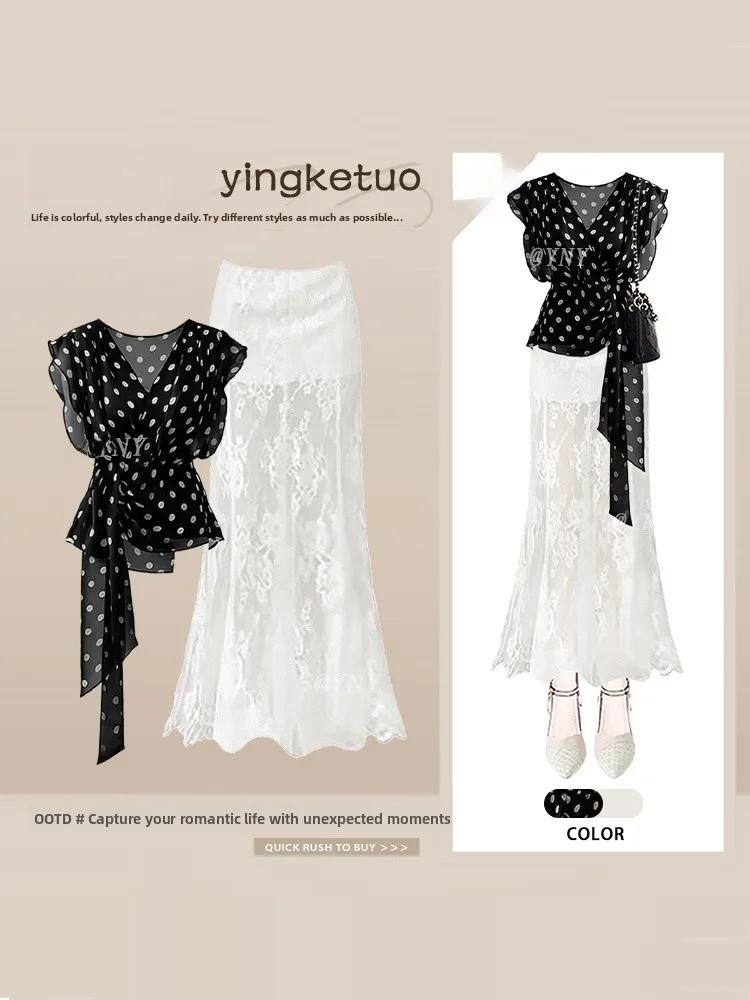Korean Fashion High-End Polka Dot Waist-Cinching Belted Shirt Women's Lace Splicing Bodycon Skirt Summer Two-piece Set
Korean Fashion High-End Polka Dot Waist-Cinching Belted Shirt Women's Lace Splicing Bodycon Skirt Summer Two-piece Set