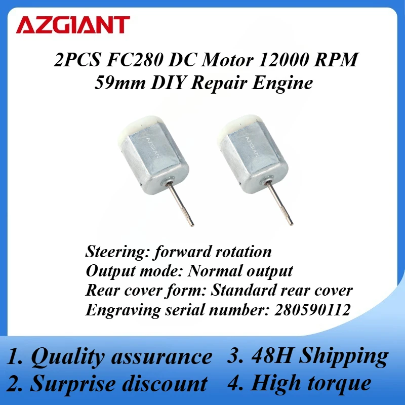 2PCS FC280 DC Motor 12000 RPM 59mm DIY Repair Engine For Car Replacement Power OEM Accesseries Forward Rotation Toy High Quality
2PCS FC280 DC Motor 12000 RPM 59mm DIY Repair Engine For Car Replacement Power OEM Accesseries Forward Rotation Toy High Quality