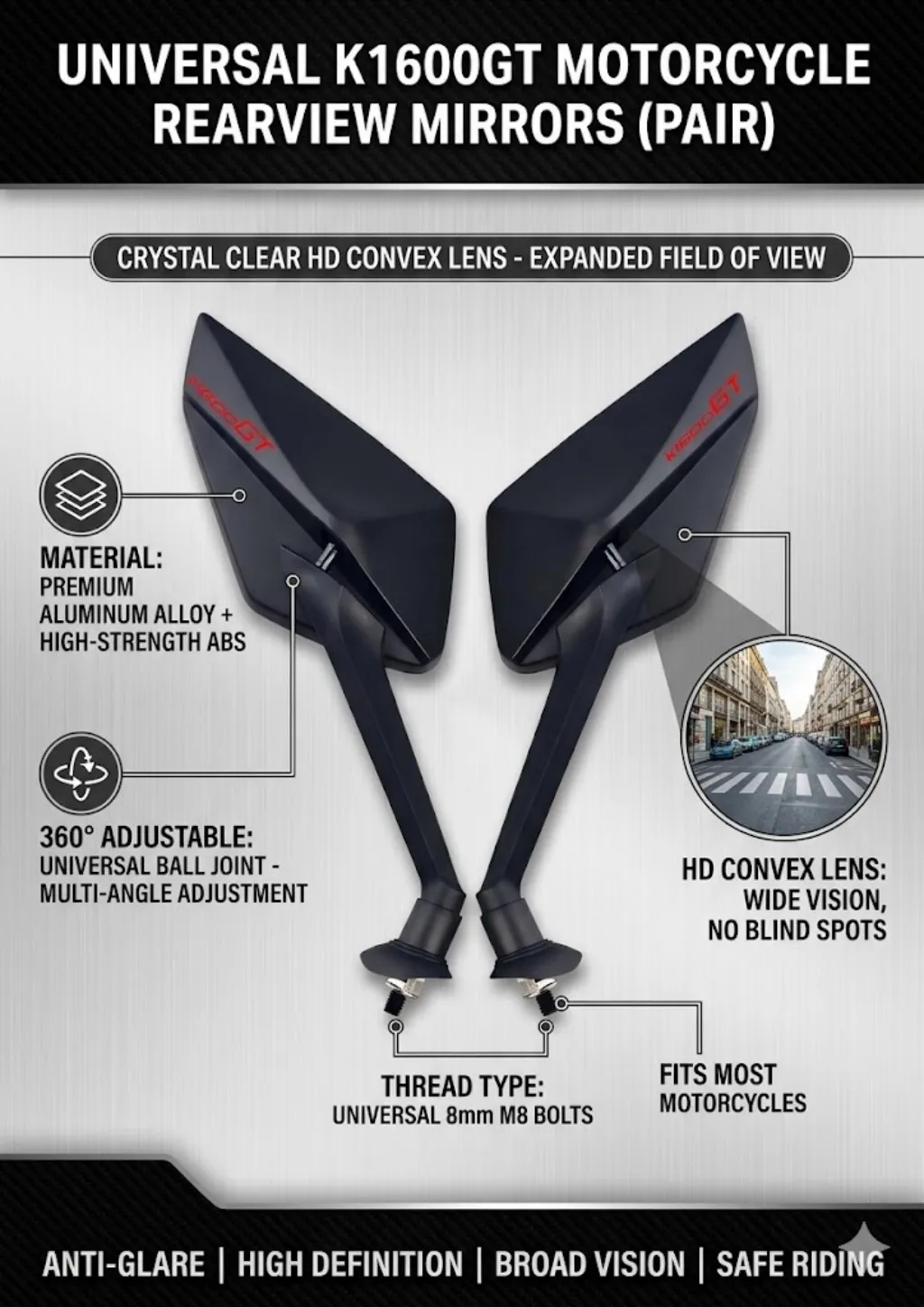 New simple installation and fashionable motorcycle rearview Mirror For BMW K1600GT K1600GTL C4000GT C650GT F800GT 400X/GT
New simple installation and fashionable motorcycle rearview Mirror For BMW K1600GT K1600GTL C4000GT C650GT F800GT 400X/GT