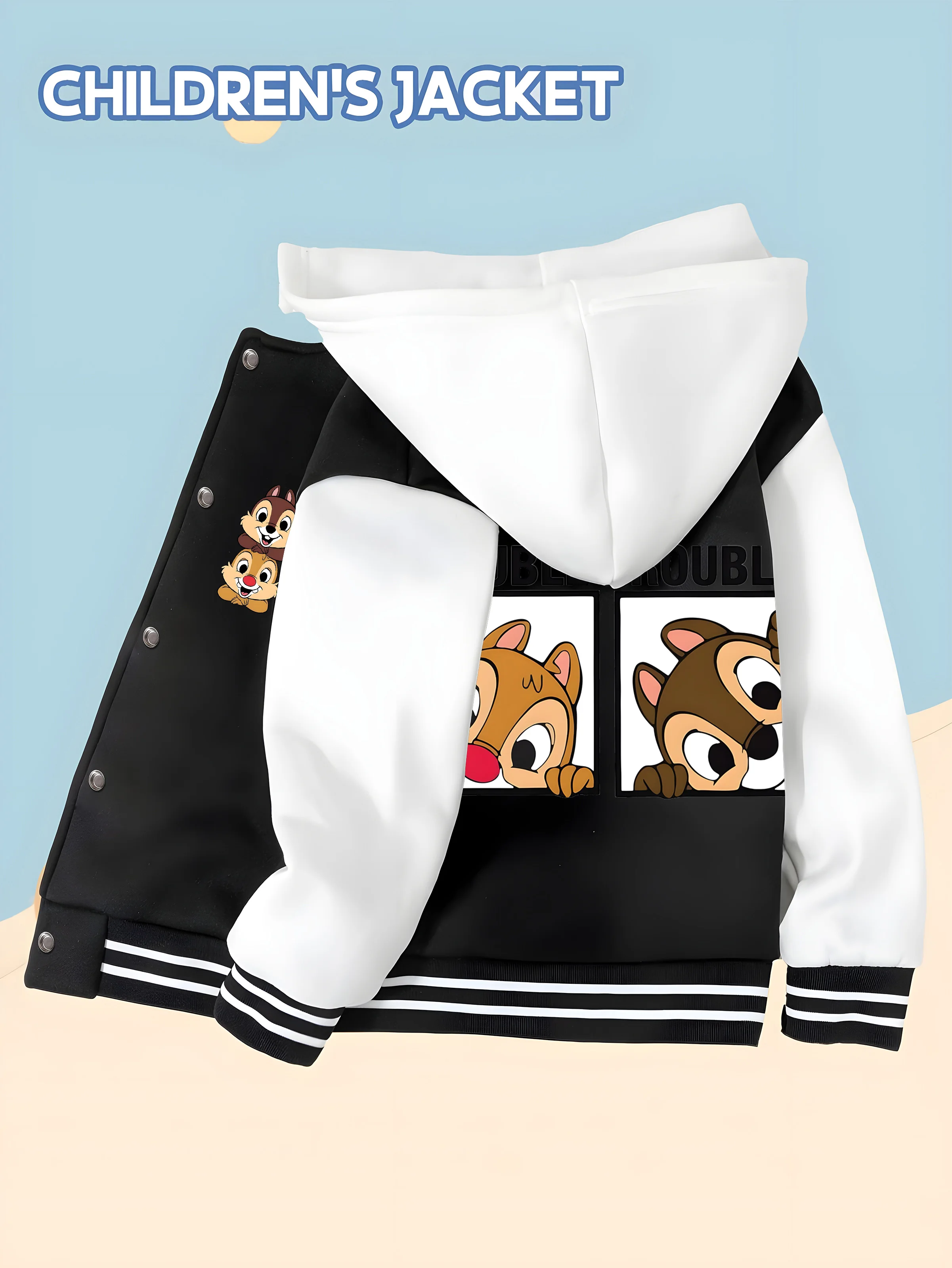 MINISO Disney Chichi & Dalily Boys Baseball Shirt - Cute squirrel logo on front and whimsical "Double Trouble" print on back.
MINISO Disney Chichi & Dalily Boys Baseball Shirt - Cute squirrel logo on front and whimsical "Double Trouble" print on back.