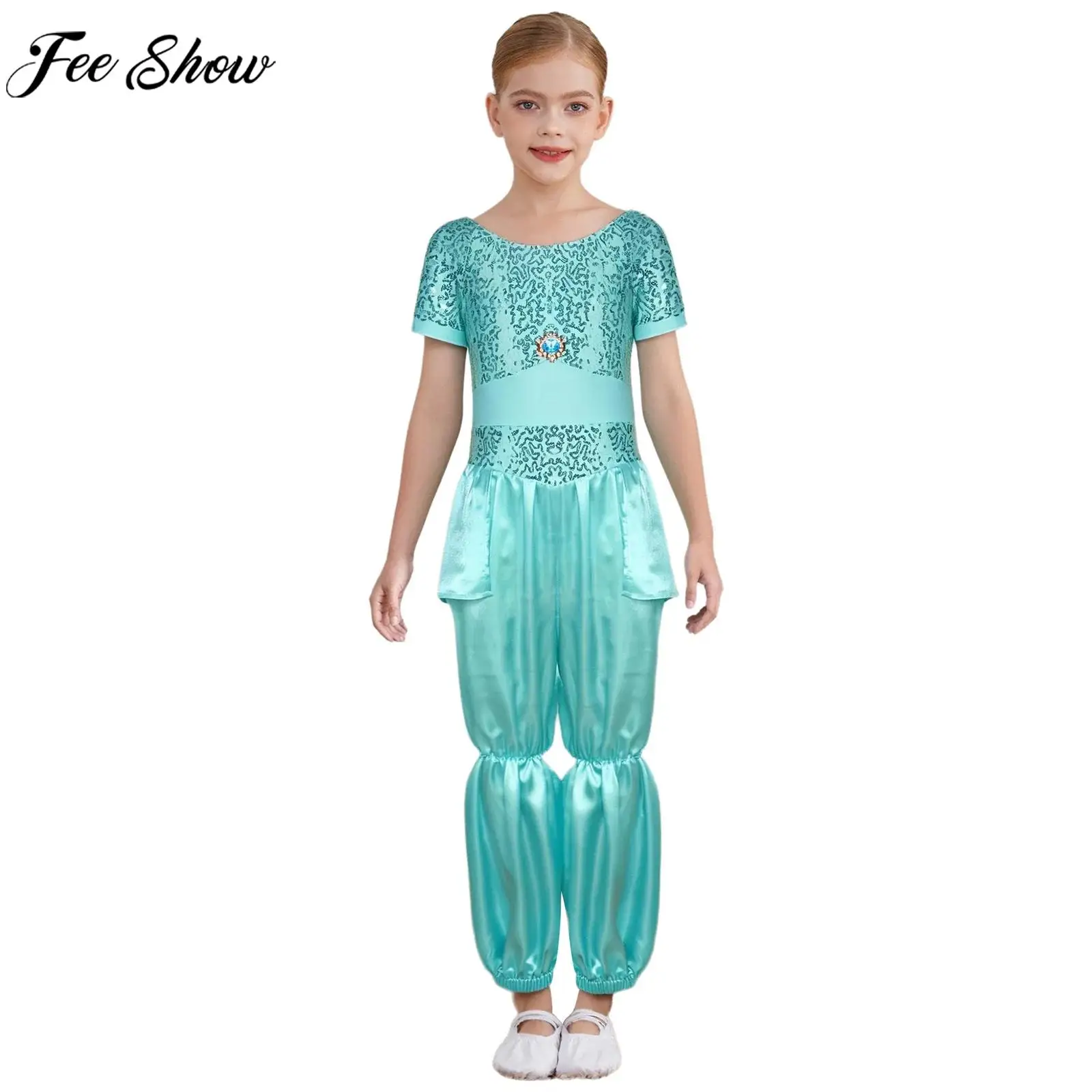 Kids Girls Halloween Fairy Tales Arabian Jasmine Princess Cosplay Jumpsuit Shiny Sequin Skirted Bodysuit for Fancy Dress Party
Kids Girls Halloween Fairy Tales Arabian Jasmine Princess Cosplay Jumpsuit Shiny Sequin Skirted Bodysuit for Fancy Dress Party