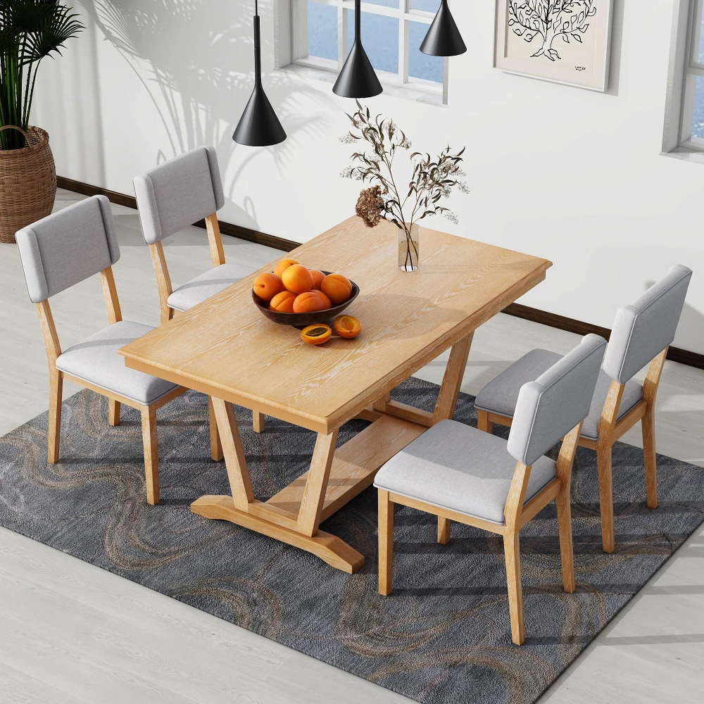 Rustic 5-piece Dining Table Set with 4 Upholstered Chairs, 59-inch Rectangular Dining Table with Trestle Table Base, Naural
Rustic 5-piece Dining Table Set with 4 Upholstered Chairs, 59-inch Rectangular Dining Table with Trestle Table Base, Naural